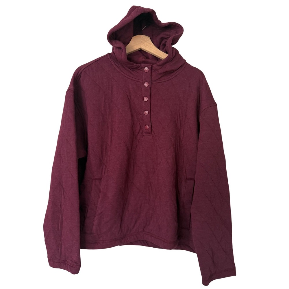 Lands End Women Quilted Pullover Burgundy Small Snap Neck Sweatshirt NEW